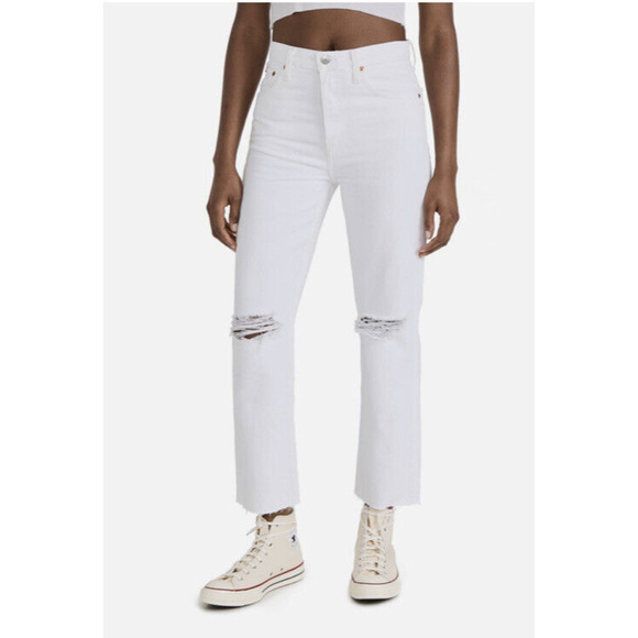 Re/done 70s Stove Pipe Cropped Straight White Destroyed Jeans Sz 27 NEW - Picture 2 of 15